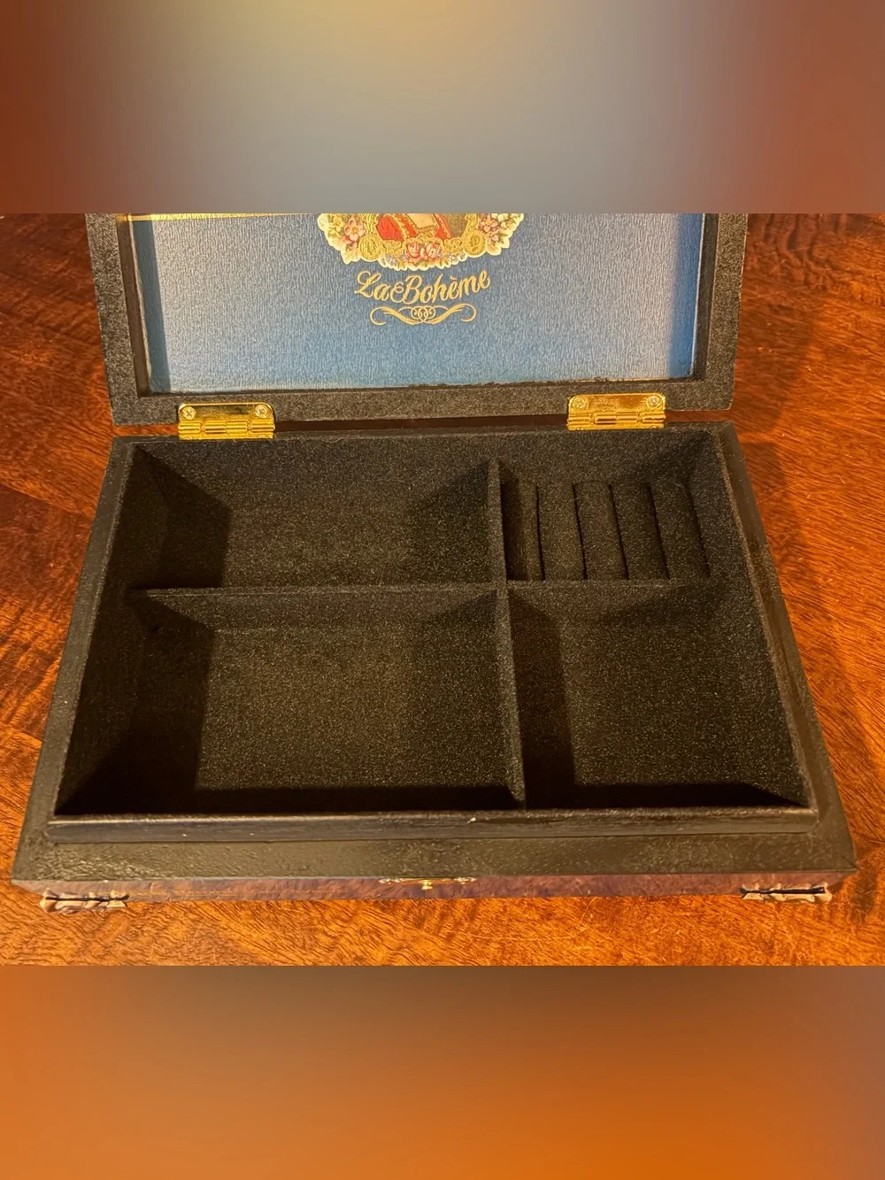 Upcycled Aging Room La Bohème Cigar Box Jewelry Organizer Box, Black Interior